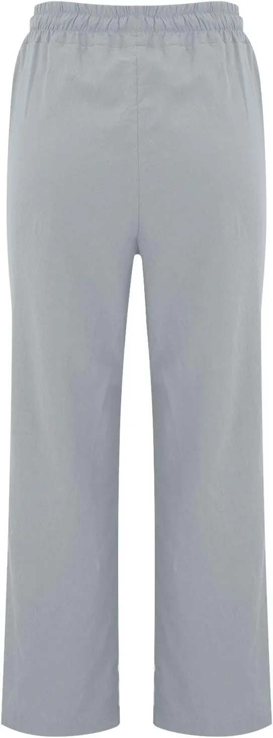 Linen Pants Women Loose Straight Leg Drawstring Summer Pants Casual Baggy Vacation Flowy Sweatpants with Pockets