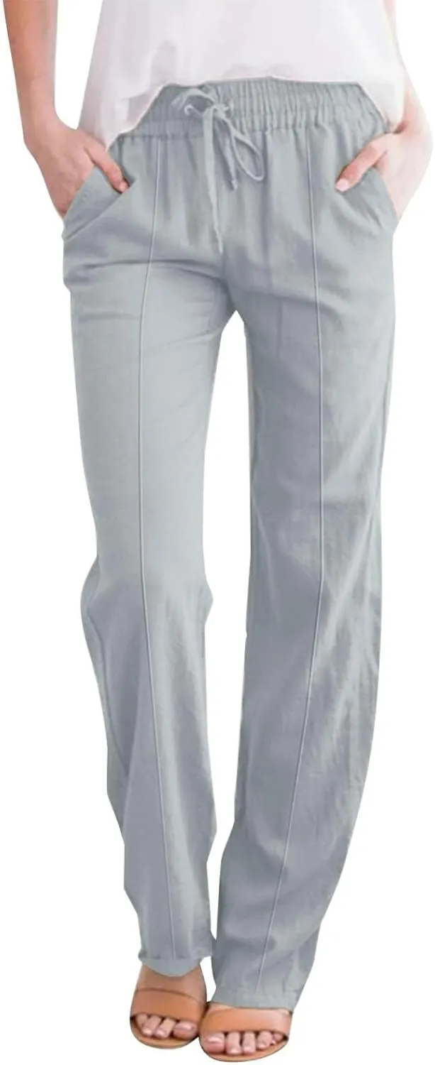 Linen Pants Women Loose Straight Leg Drawstring Summer Pants Casual Baggy Vacation Flowy Sweatpants with Pockets