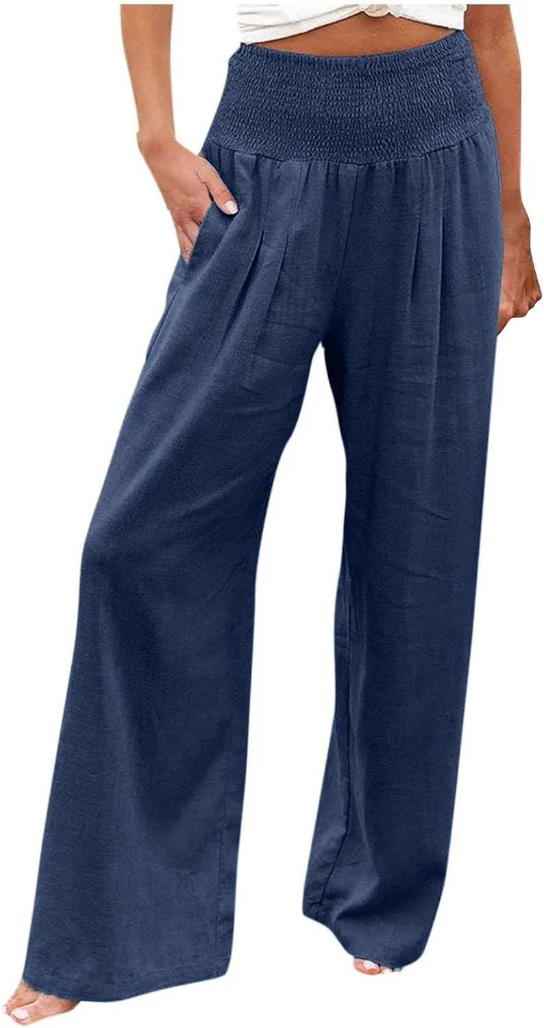 Linen Pants Women Petite Length Women Linen Pants Palazzo Lounge Harem Wide Leg Pants Beach Long Trousers Pockets