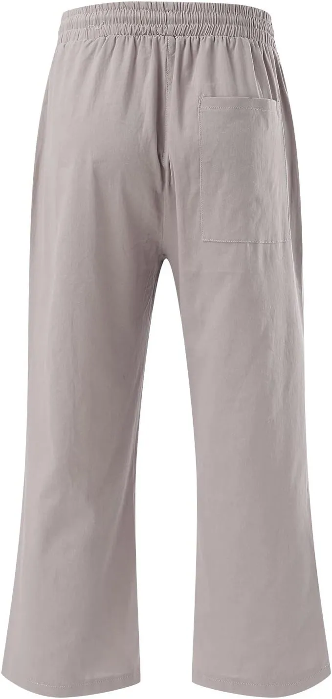 Linen Pants Women Petite Length Women Linen Pants Palazzo Lounge Harem Wide Leg Pants Beach Long Trousers Pockets
