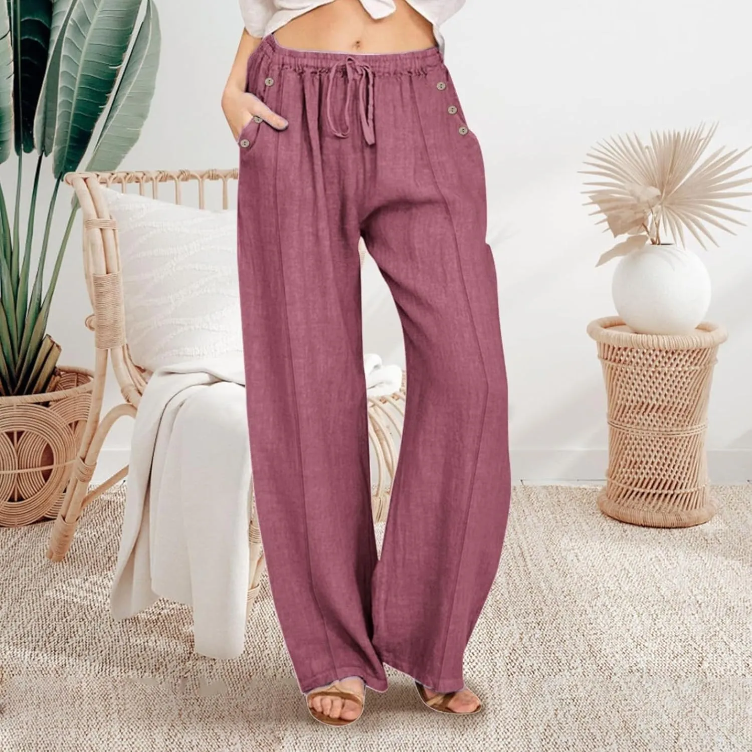 Linen Pants Women Plus Size Palazzo Pants Wide Leg Pant Loose Fit Casual Comfy Lounge Flowy High Waist Trousers