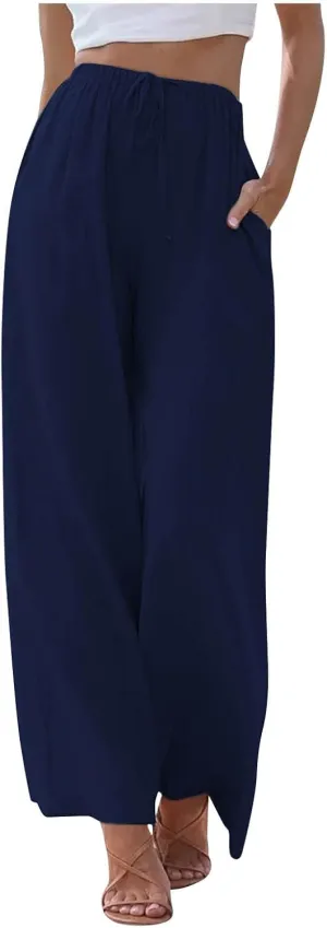 Linen Pants Women Summer Wide Leg Flowy Beach Pants Lightweight Drawstring Cotton Palazzo Pants Trousers with Pockets