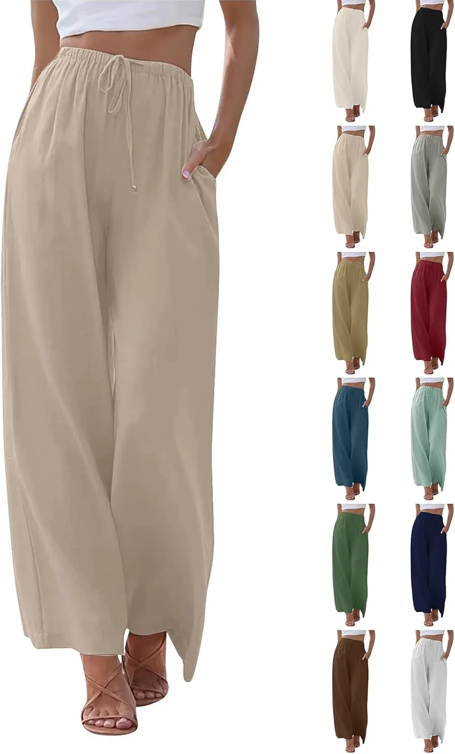 Linen Pants Women Summer Wide Leg Flowy Beach Pants Lightweight Drawstring Cotton Palazzo Pants Trousers with Pockets