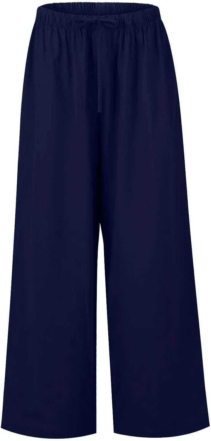 Linen Pants Women Summer Wide Leg Flowy Beach Pants Lightweight Drawstring Cotton Palazzo Pants Trousers with Pockets