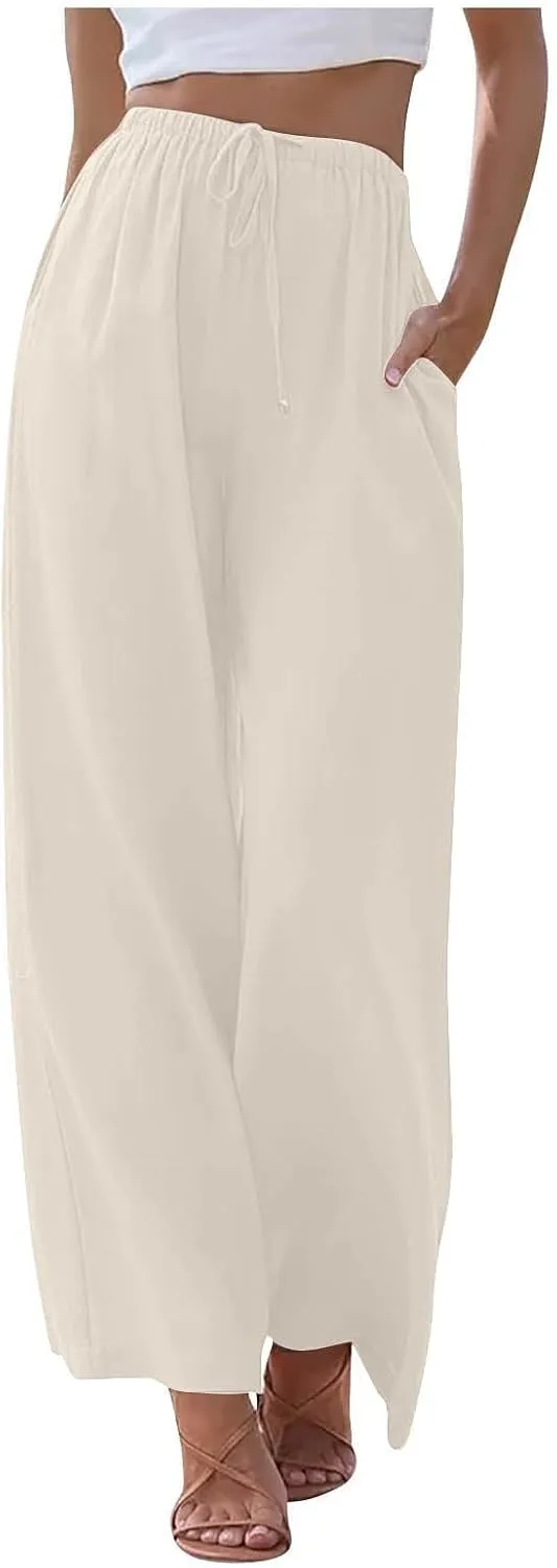 Linen Pants Women Summer Wide Leg Flowy Beach Pants Lightweight Drawstring Cotton Palazzo Pants Trousers with Pockets