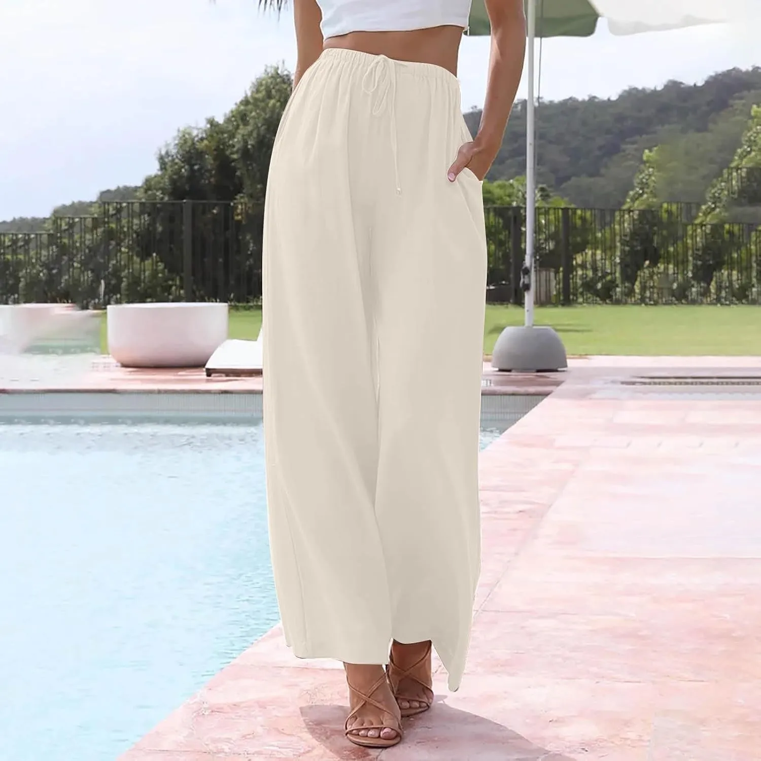 Linen Pants Women Summer Wide Leg Flowy Beach Pants Lightweight Drawstring Cotton Palazzo Pants Trousers with Pockets