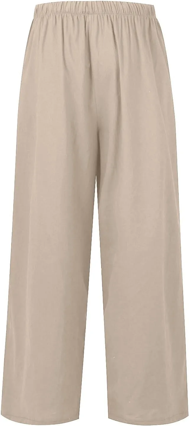 Linen Pants Women Summer Wide Leg Flowy Beach Pants Lightweight Drawstring Cotton Palazzo Pants Trousers with Pockets