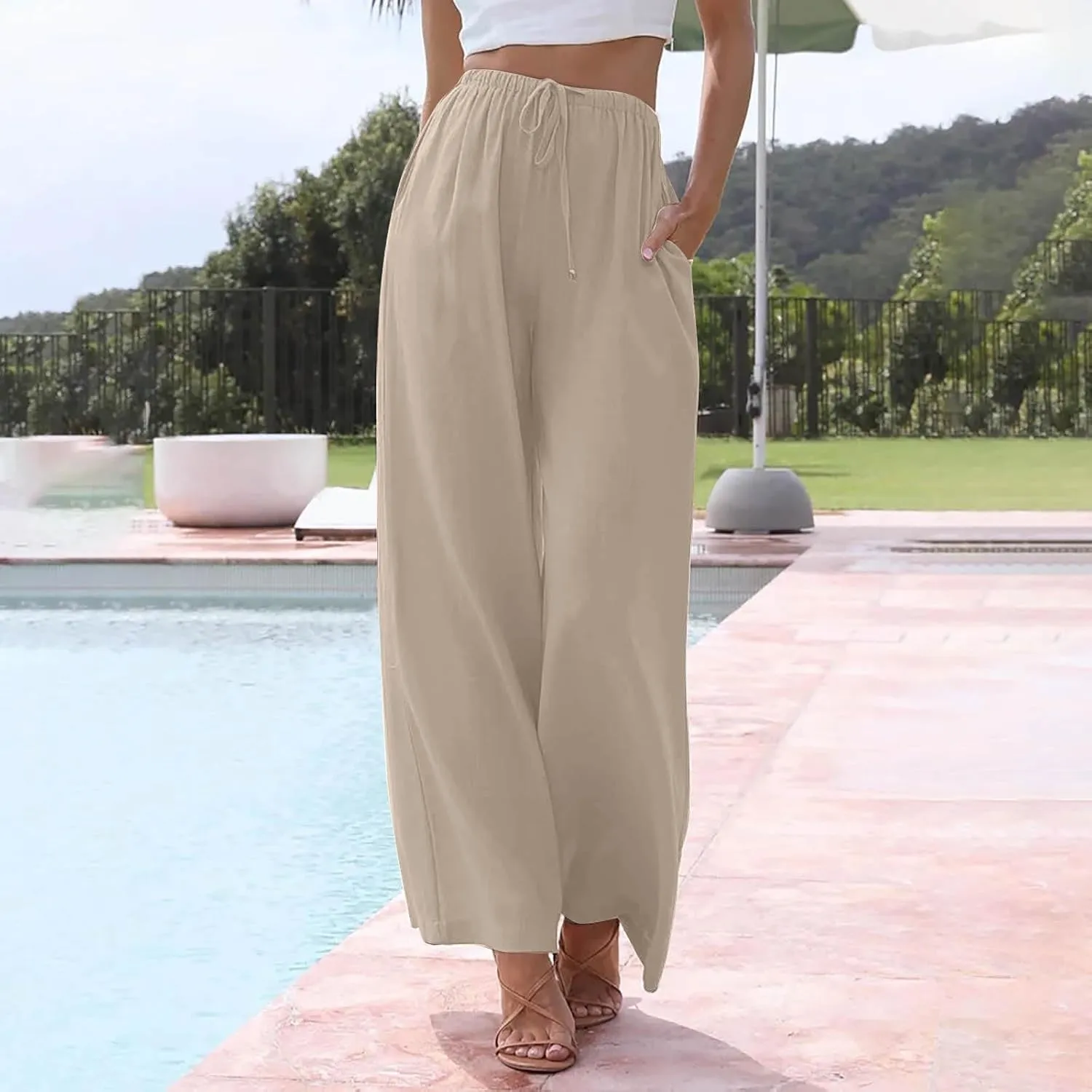 Linen Pants Women Summer Wide Leg Flowy Beach Pants Lightweight Drawstring Cotton Palazzo Pants Trousers with Pockets