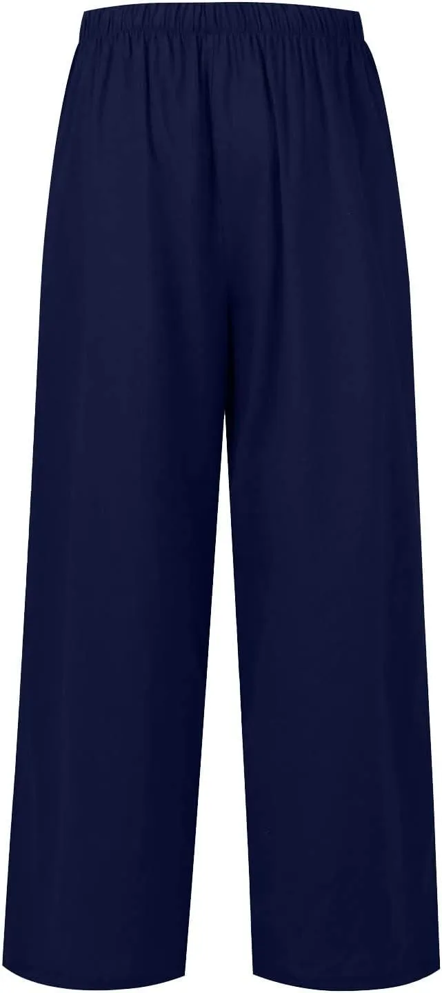 Linen Pants Women Summer Wide Leg Flowy Beach Pants Lightweight Drawstring Cotton Palazzo Pants Trousers with Pockets