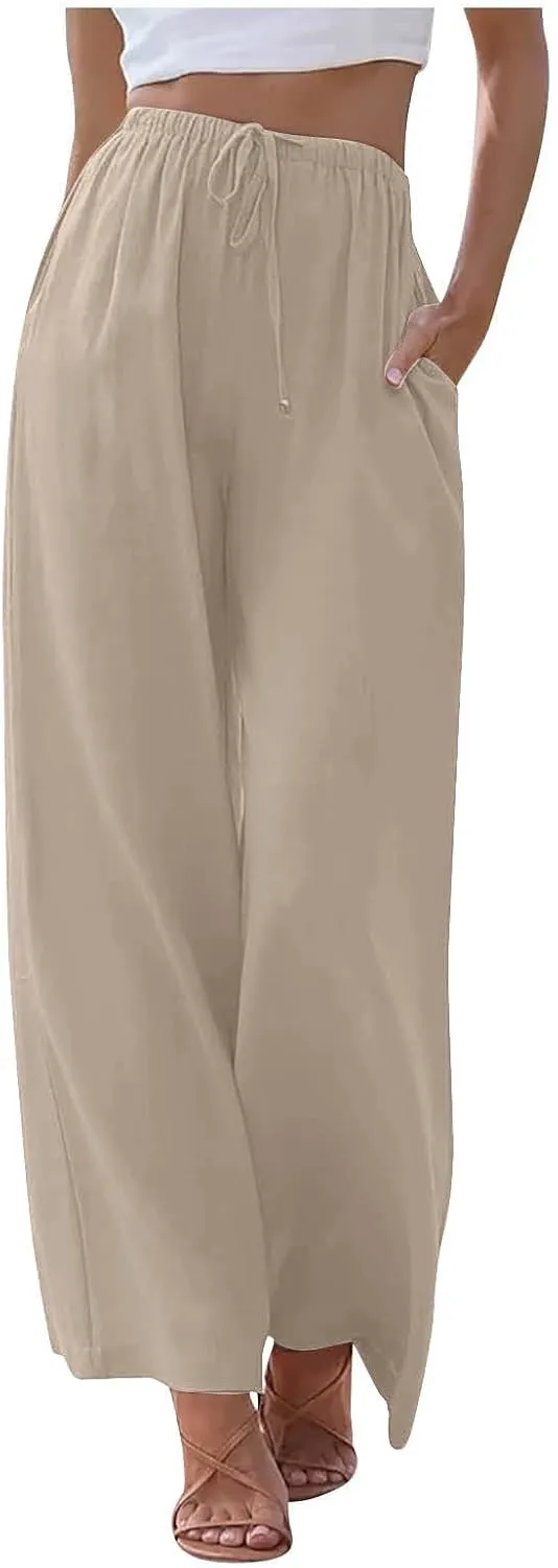 Linen Pants Women Summer Wide Leg Flowy Beach Pants Lightweight Drawstring Cotton Palazzo Pants Trousers with Pockets