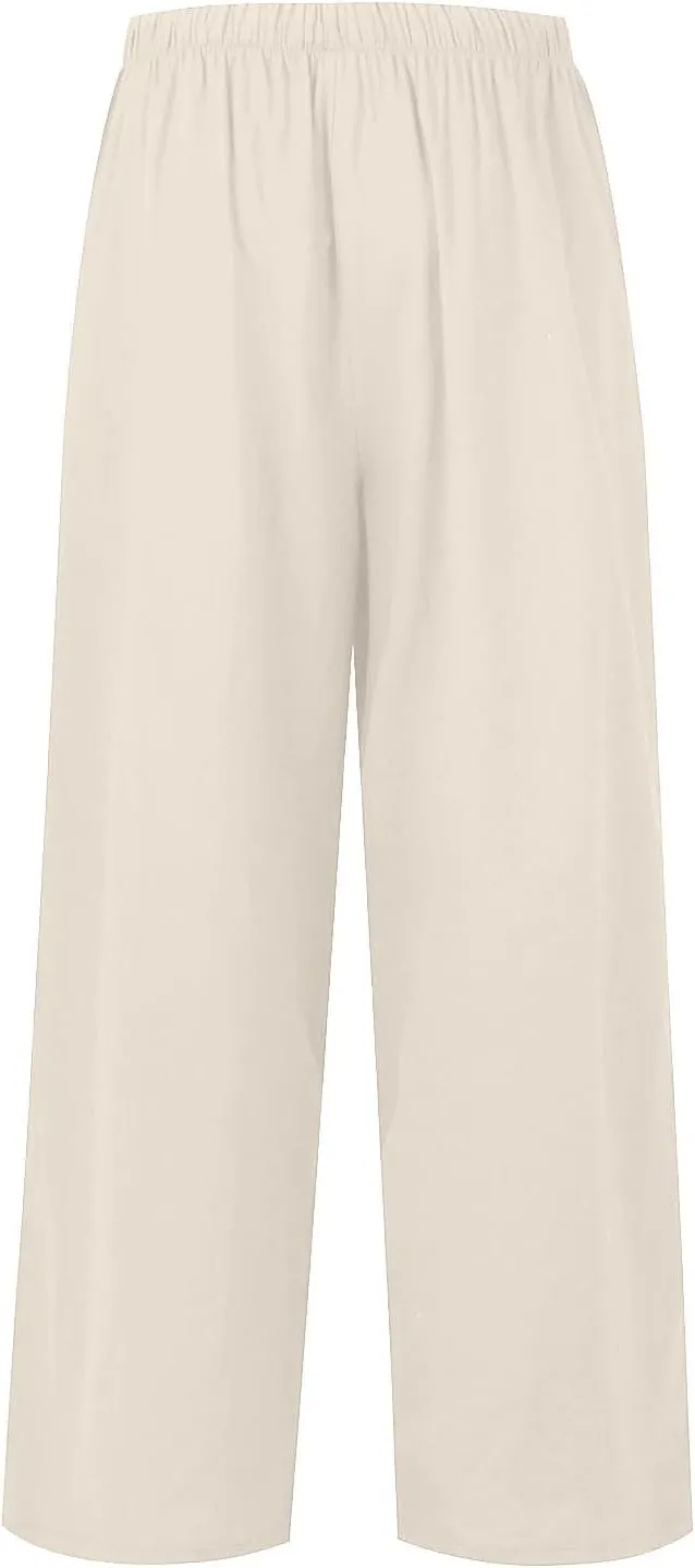 Linen Pants Women Summer Wide Leg Flowy Beach Pants Lightweight Drawstring Cotton Palazzo Pants Trousers with Pockets