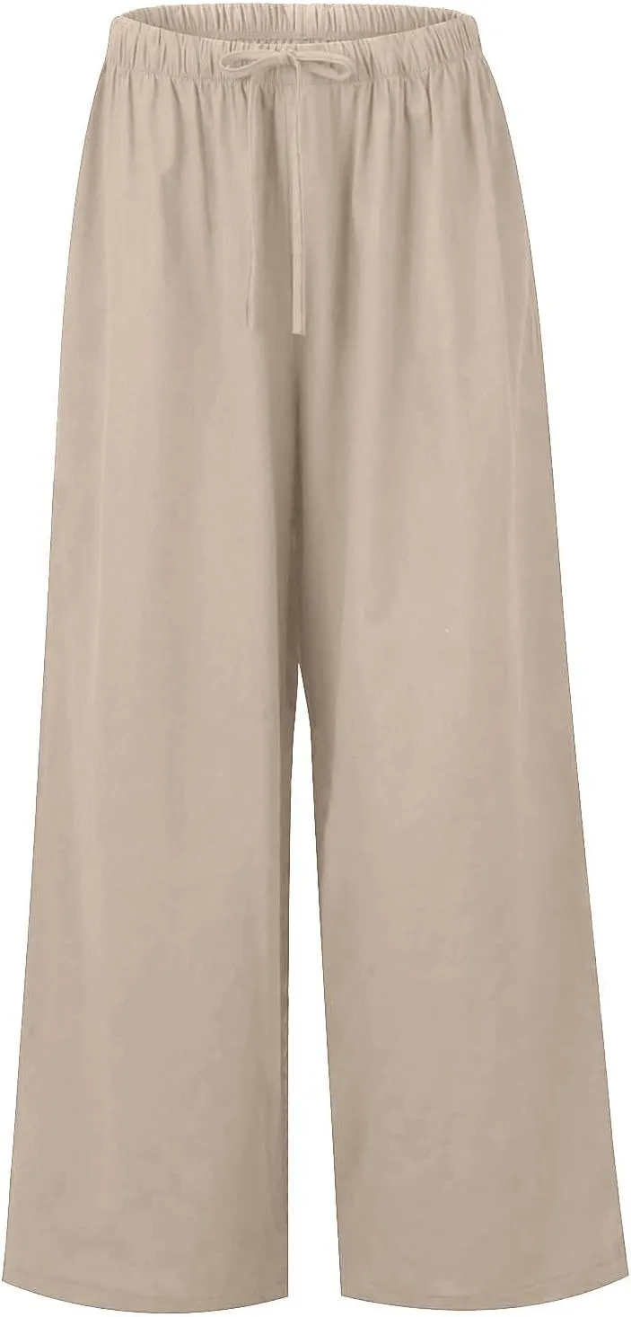 Linen Pants Women Summer Wide Leg Flowy Beach Pants Lightweight Drawstring Cotton Palazzo Pants Trousers with Pockets