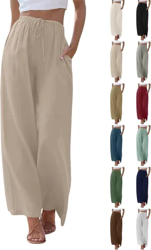 Linen Pants Women Summer Wide Leg Flowy Beach Pants Lightweight Drawstring Cotton Palazzo Pants Trousers with Pockets