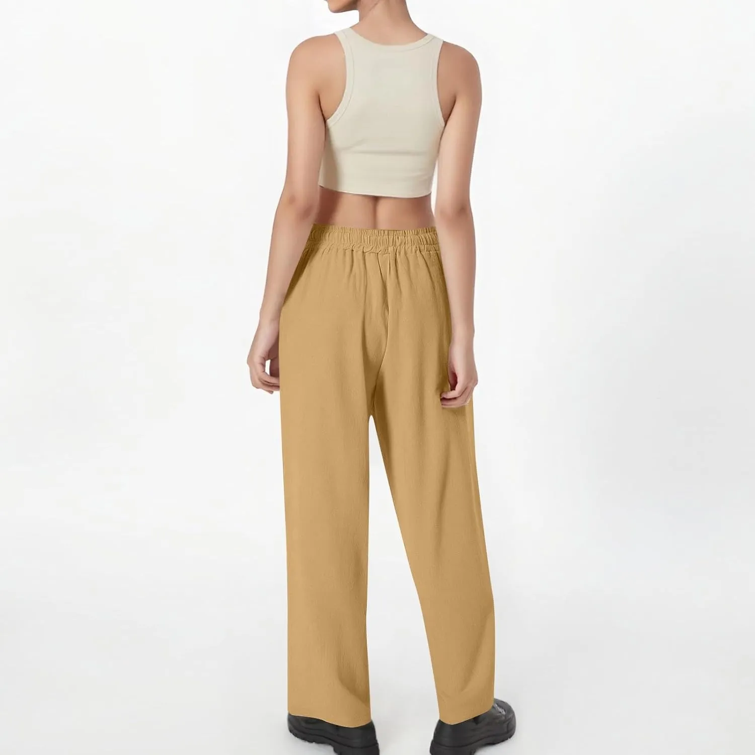 Linen Wide Leg Pants for Women Casual Summer Elastic Waisted Straight Leg Trousers Beach Cropped Pants with Pockets