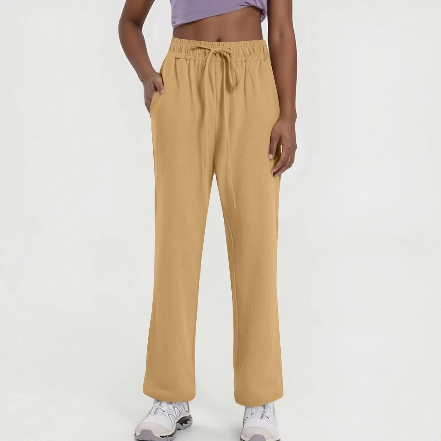 Linen Wide Leg Pants for Women Casual Summer Elastic Waisted Straight Leg Trousers Beach Cropped Pants with Pockets