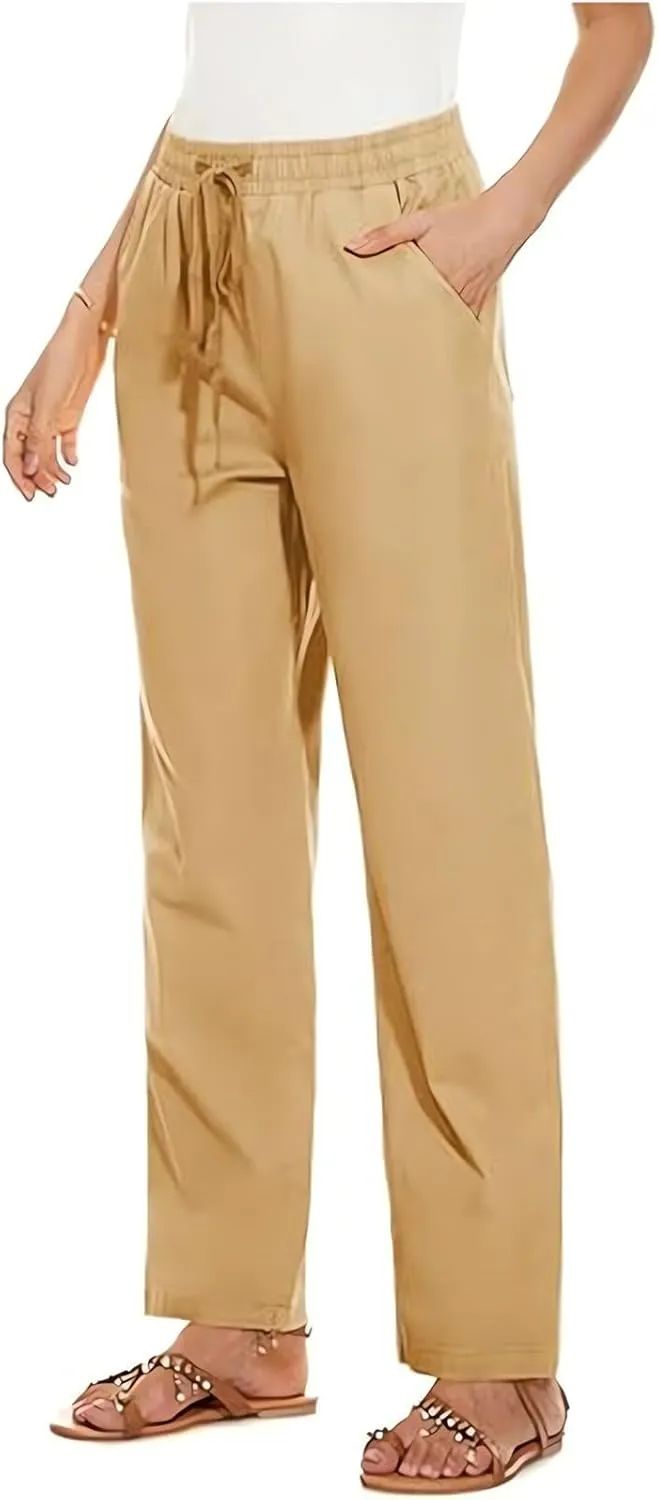Linen Wide Leg Pants for Women Casual Summer Elastic Waisted Straight Leg Trousers Beach Cropped Pants with Pockets