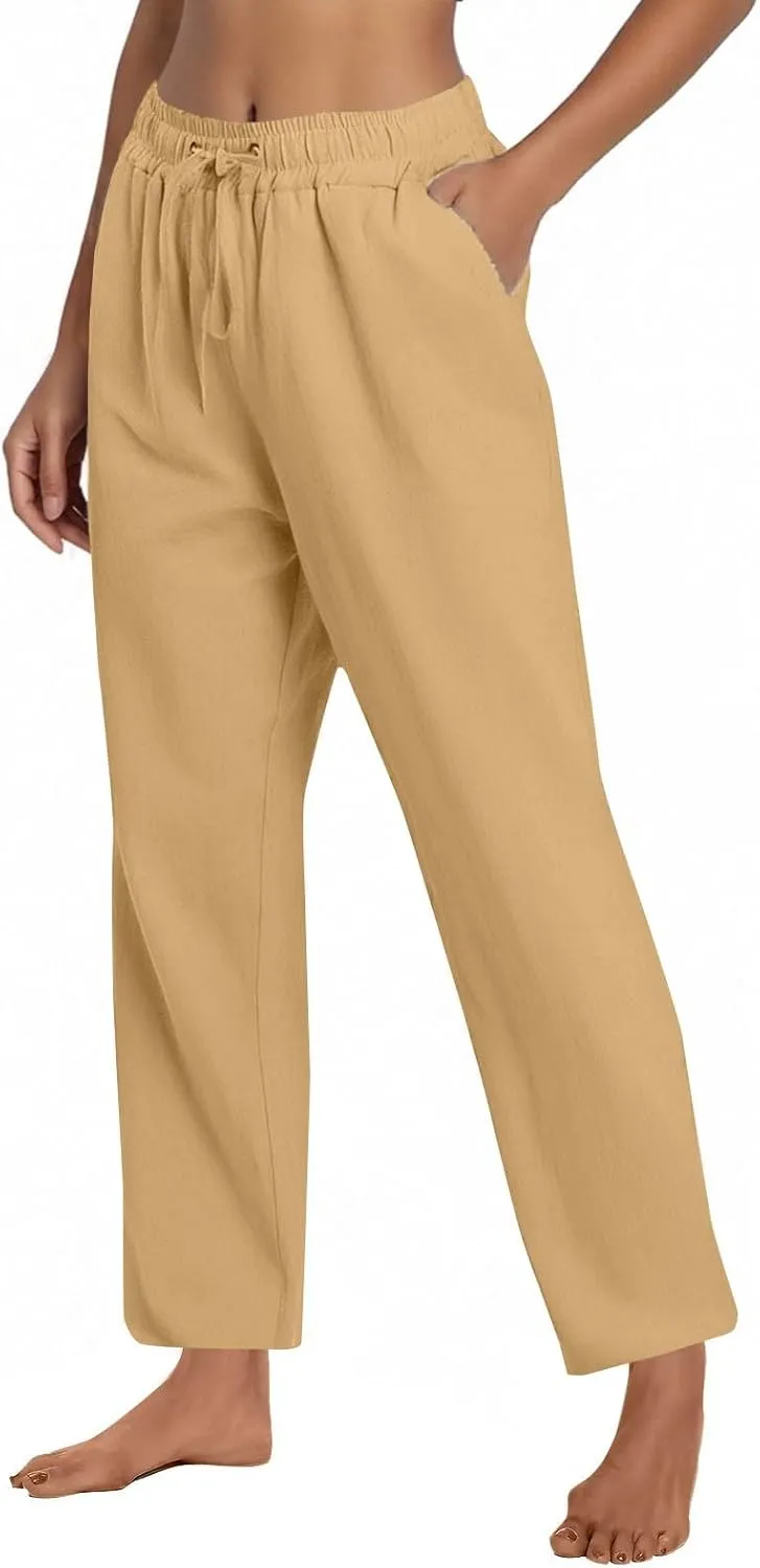 Linen Wide Leg Pants for Women Casual Summer Elastic Waisted Straight Leg Trousers Beach Cropped Pants with Pockets