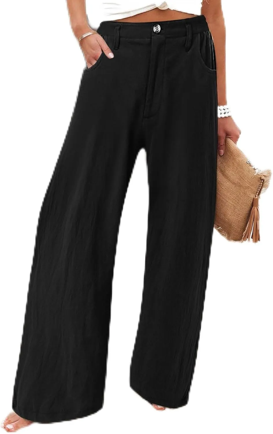 Linen Wide Leg Pants for Women High Waisted Palazzo Casual Lounge Beach Trousers Casual Elastic Waist Solid Jogger