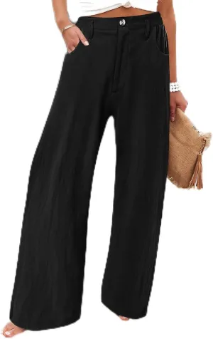 Linen Wide Leg Pants for Women High Waisted Palazzo Casual Lounge Beach Trousers Casual Elastic Waist Solid Jogger