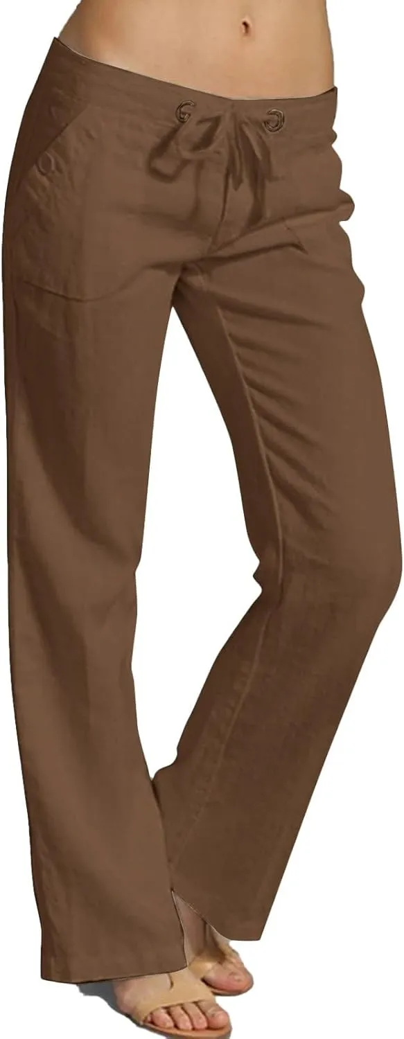 Linen Womens Pants Casual High Waisted Drawstring Casual Loose Summer Baggy Flowy Lounge Cropped Trousers with Pockets