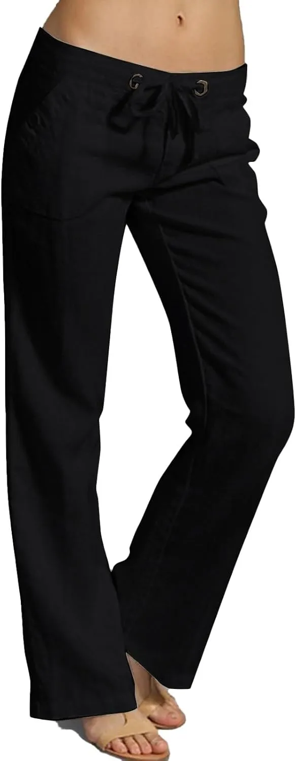 Linen Womens Pants Casual High Waisted Drawstring Casual Loose Summer Baggy Flowy Lounge Cropped Trousers with Pockets