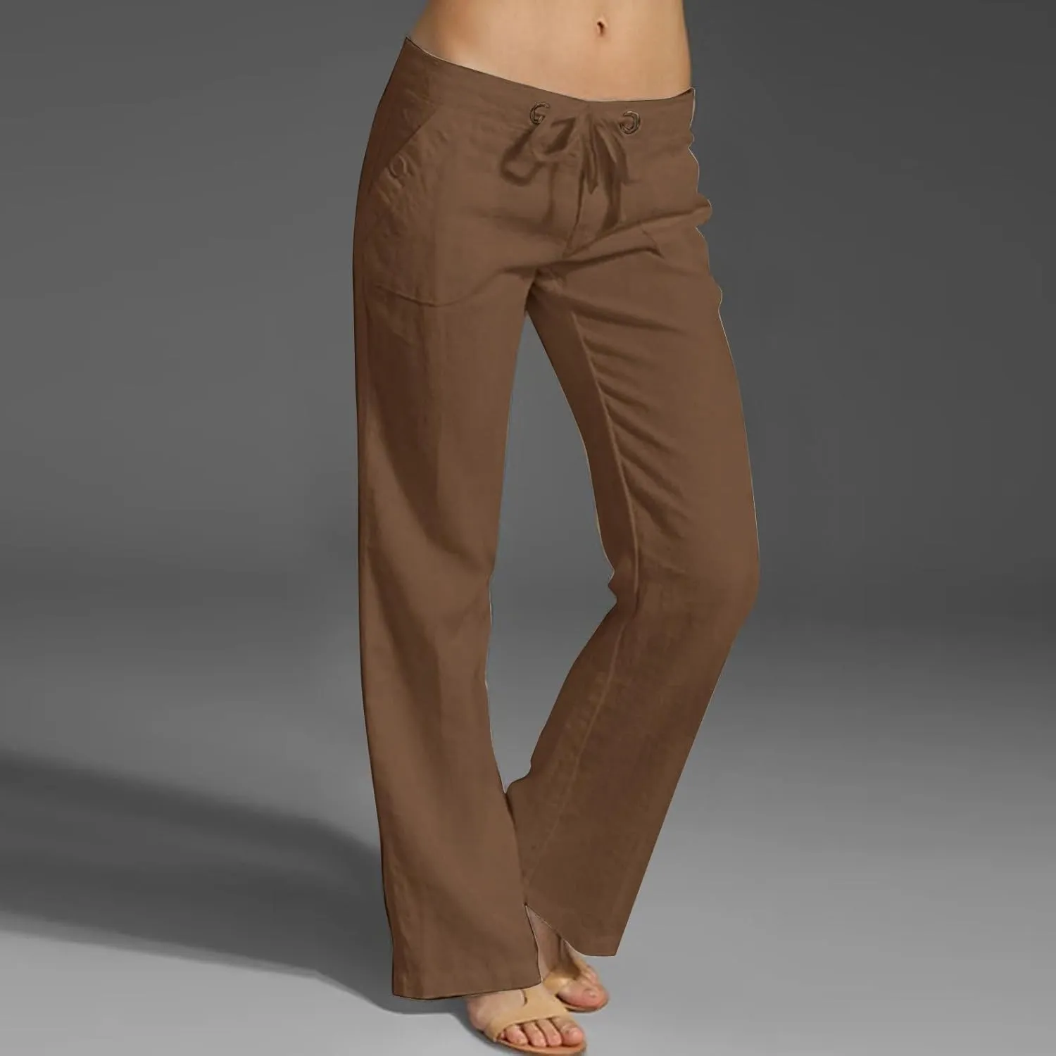 Linen Womens Pants Casual High Waisted Drawstring Casual Loose Summer Baggy Flowy Lounge Cropped Trousers with Pockets