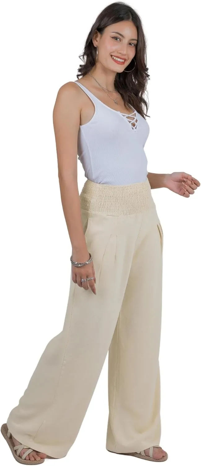 LOFBAZ Women Linen Palazzo Wide Leg Pants Flowy Lounge Casual High Waist Trousers Summer Beach Boho Long Pant with Pockets