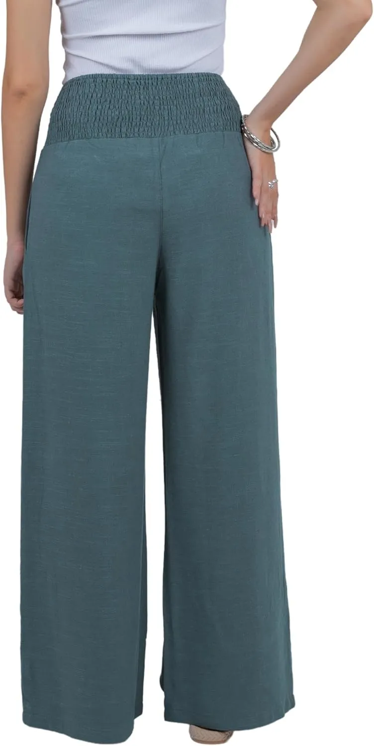 LOFBAZ Women Linen Palazzo Wide Leg Pants Flowy Lounge Casual High Waist Trousers Summer Beach Boho Long Pant with Pockets