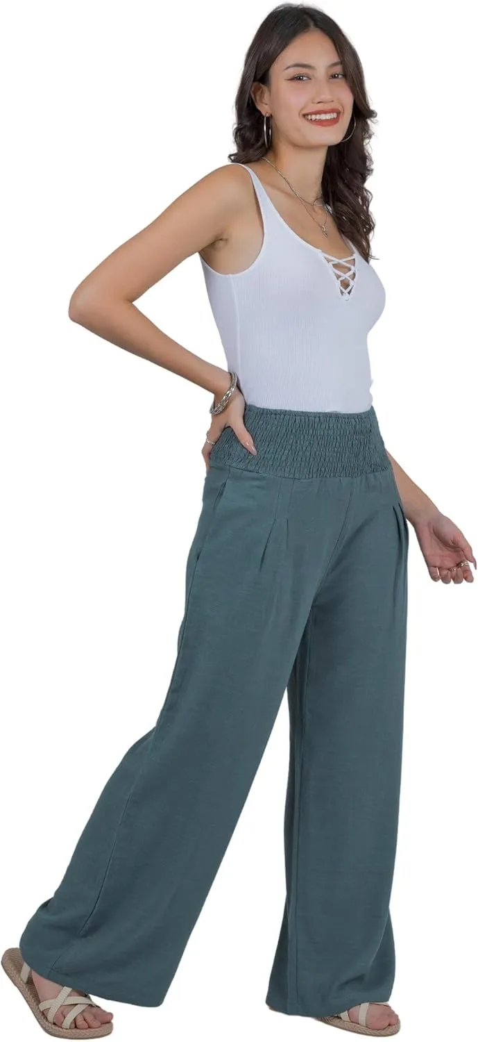 LOFBAZ Women Linen Palazzo Wide Leg Pants Flowy Lounge Casual High Waist Trousers Summer Beach Boho Long Pant with Pockets