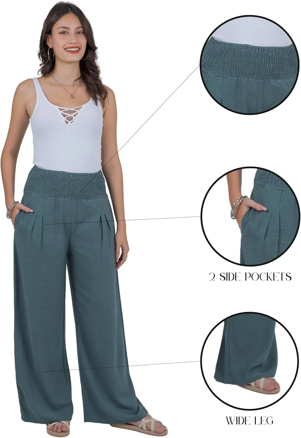 LOFBAZ Women Linen Palazzo Wide Leg Pants Flowy Lounge Casual High Waist Trousers Summer Beach Boho Long Pant with Pockets