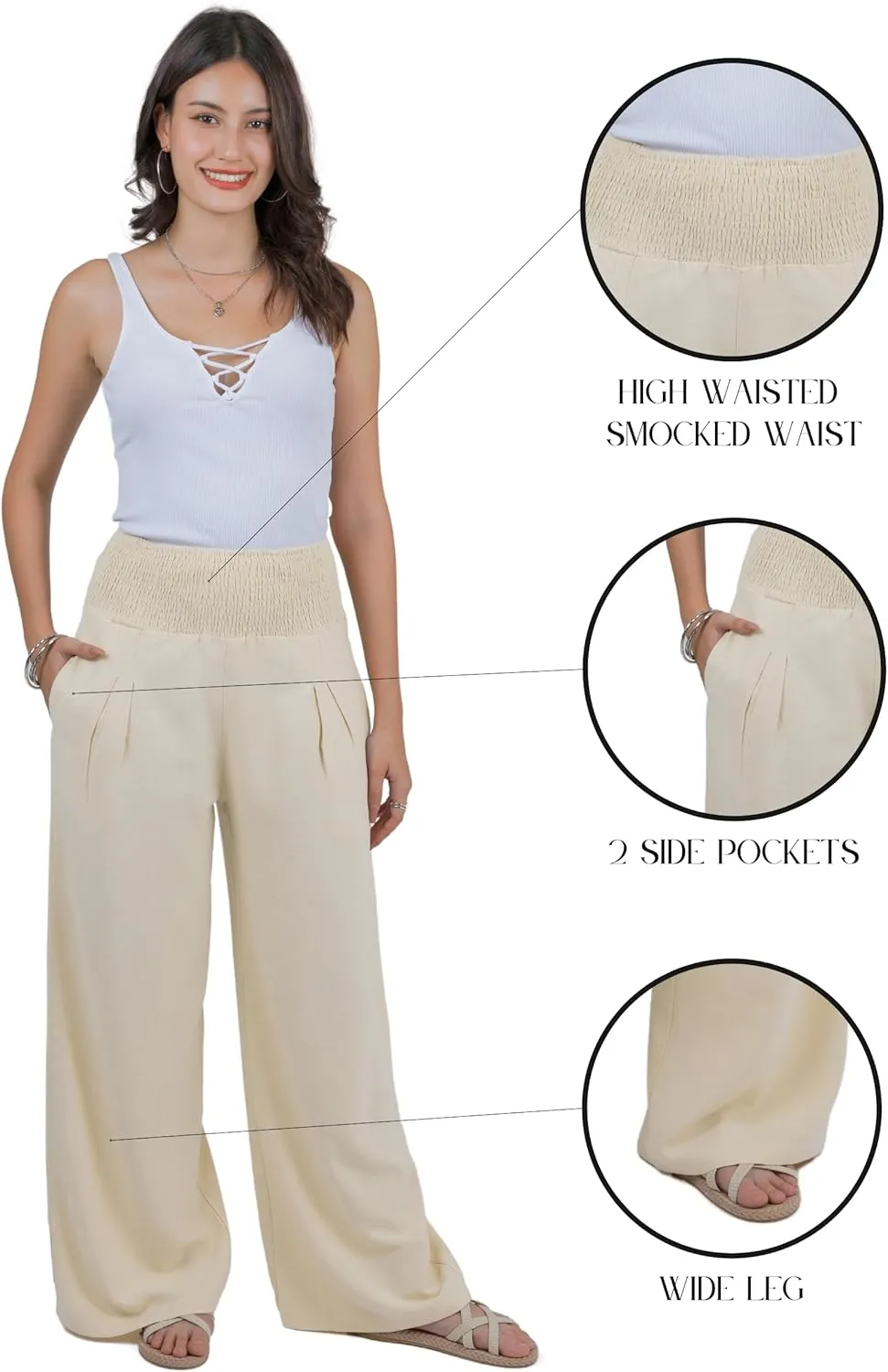 LOFBAZ Women Linen Palazzo Wide Leg Pants Flowy Lounge Casual High Waist Trousers Summer Beach Boho Long Pant with Pockets