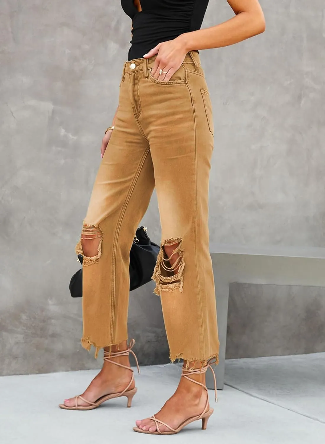 LOLONG High Waisted Ripped Flare Jeans for Women Casual Distressed Pants