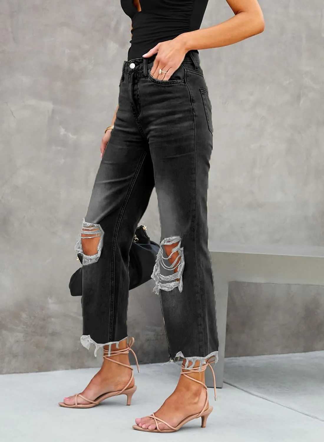 LOLONG High Waisted Ripped Flare Jeans for Women Casual Distressed Pants