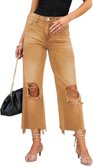 LOLONG High Waisted Ripped Flare Jeans for Women Casual Distressed Pants