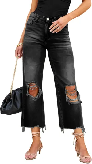 LOLONG High Waisted Ripped Flare Jeans for Women Casual Distressed Pants