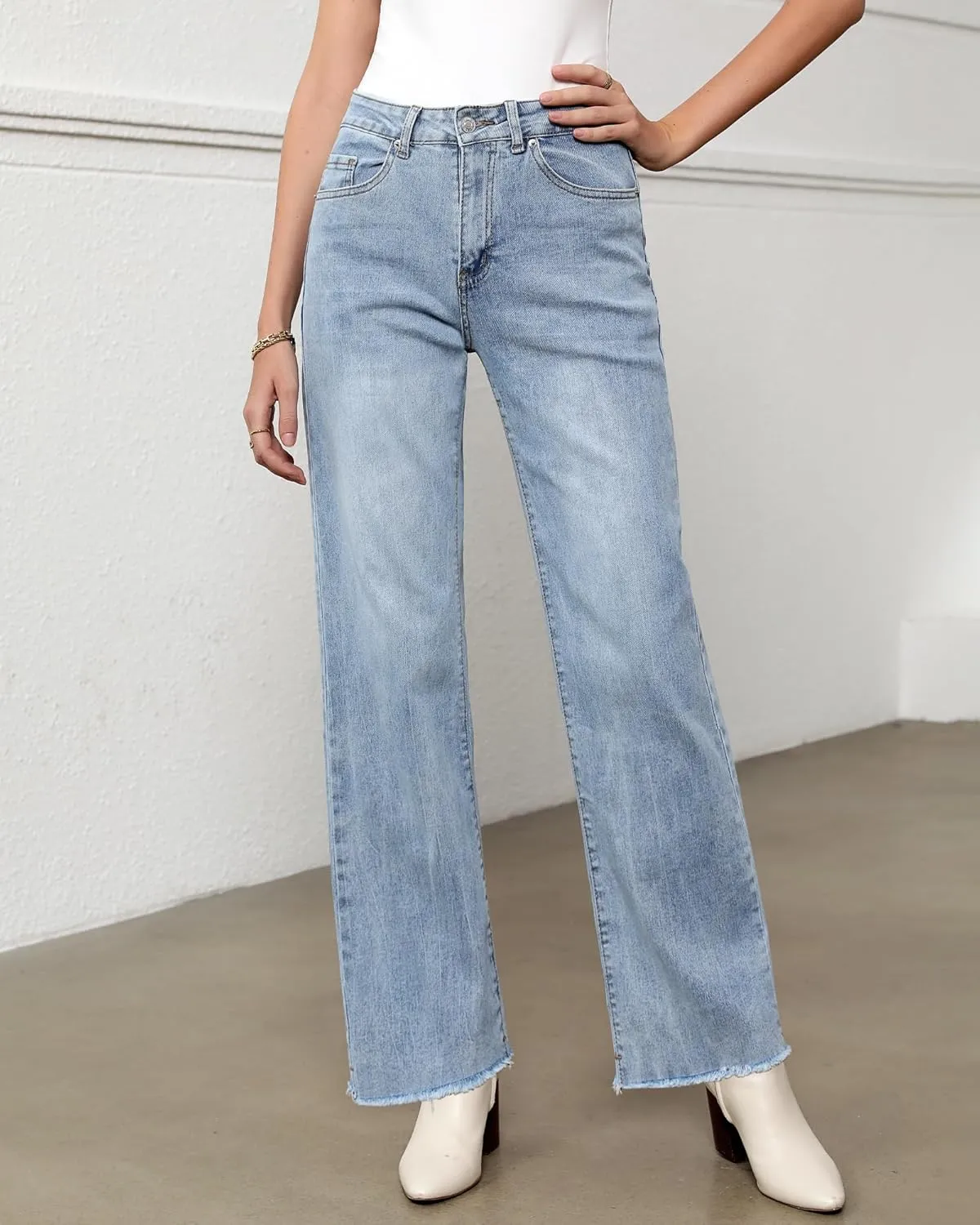 LookbookStore Wide Leg Jeans for Women Trendy High Waisted Straight Leg Frayed Hem Baggy Stretchy Denim Trousers Pants