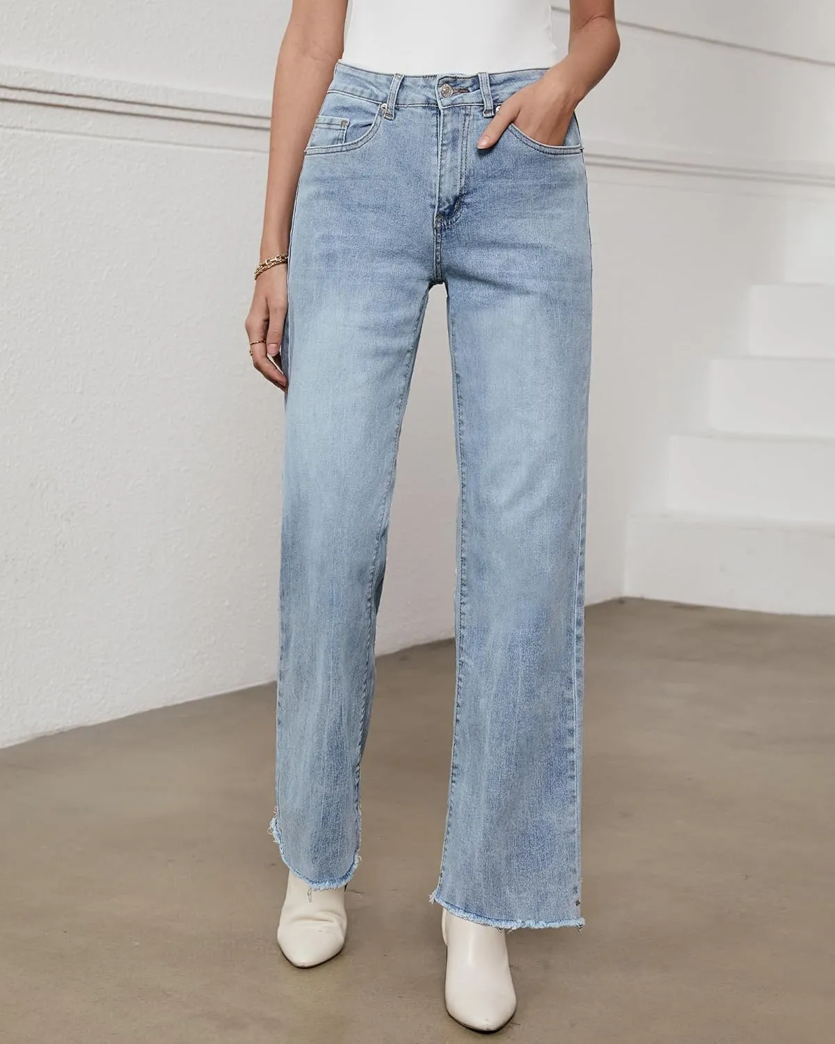 LookbookStore Wide Leg Jeans for Women Trendy High Waisted Straight Leg Frayed Hem Baggy Stretchy Denim Trousers Pants
