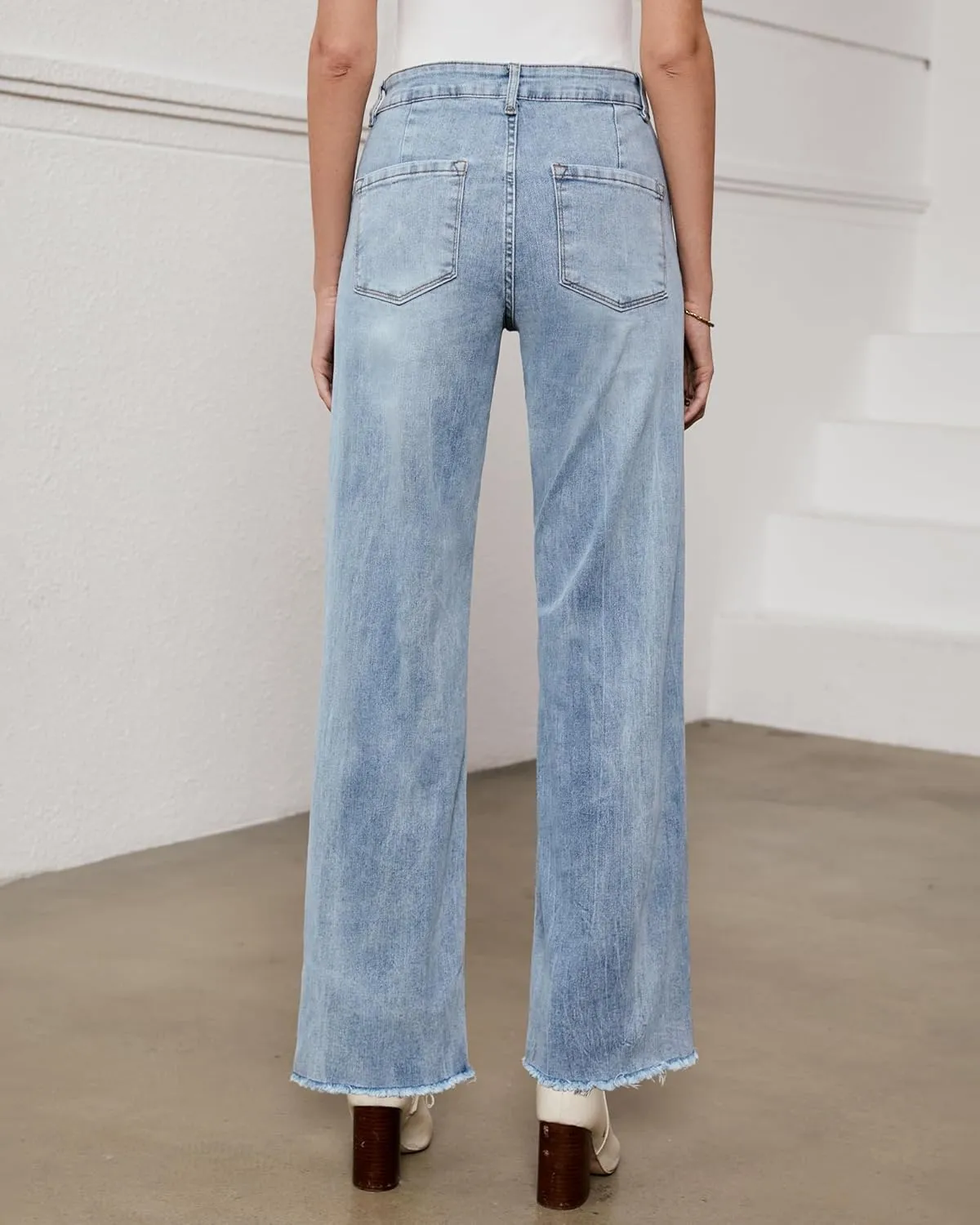 LookbookStore Wide Leg Jeans for Women Trendy High Waisted Straight Leg Frayed Hem Baggy Stretchy Denim Trousers Pants