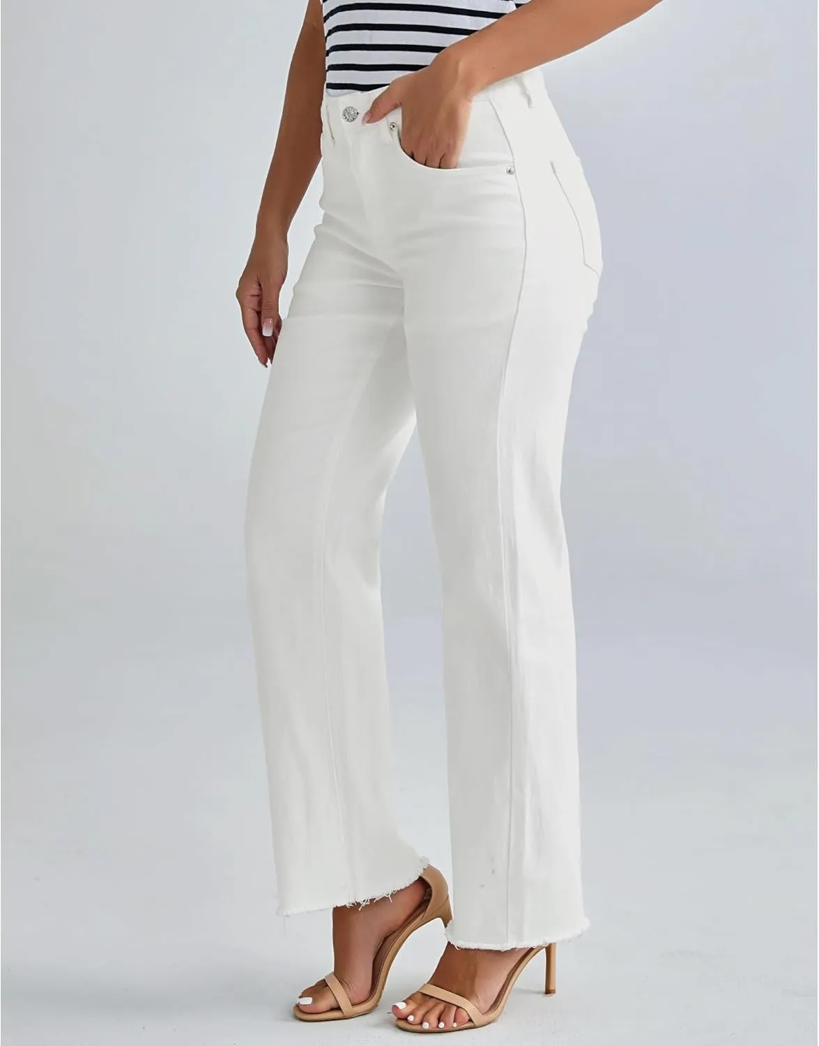 LookbookStore Wide Leg Jeans for Women Trendy High Waisted Straight Leg Frayed Hem Baggy Stretchy Denim Trousers Pants