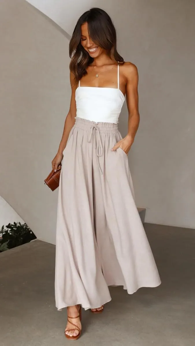 LOUSEA Women's Linen Wide Leg Pants high Elastic Waist Flowy Pants Plus Size Loose Long Pants with Pockets Palazzo Trousers
