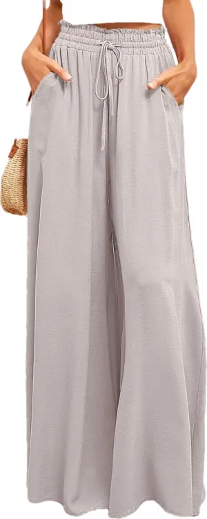 LOUSEA Women's Linen Wide Leg Pants high Elastic Waist Flowy Pants Plus Size Loose Long Pants with Pockets Palazzo Trousers
