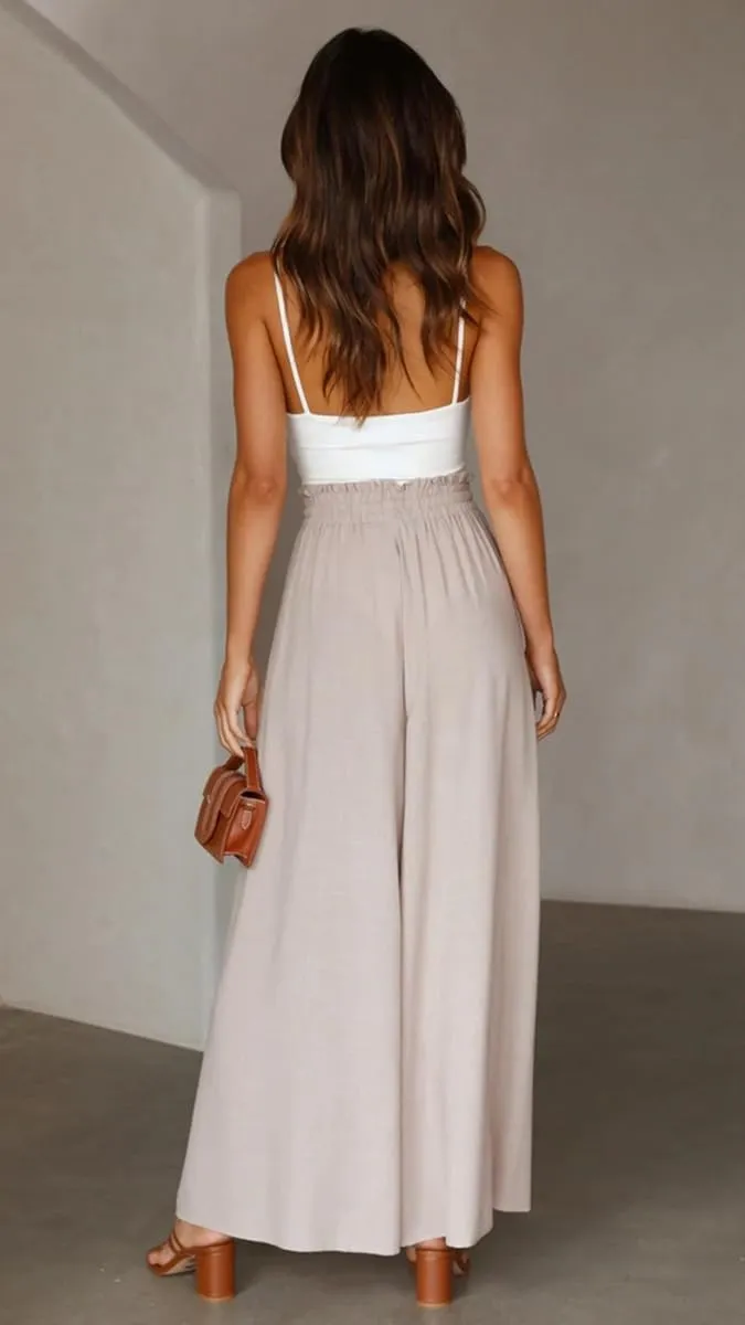 LOUSEA Women's Linen Wide Leg Pants high Elastic Waist Flowy Pants Plus Size Loose Long Pants with Pockets Palazzo Trousers
