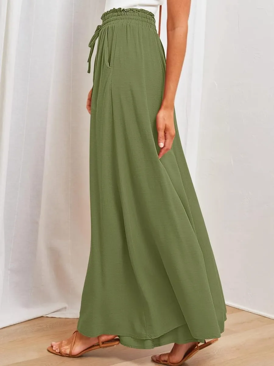 LOUSEA Women's Linen Wide Leg Pants high Elastic Waist Flowy Pants Plus Size Loose Long Pants with Pockets Palazzo Trousers