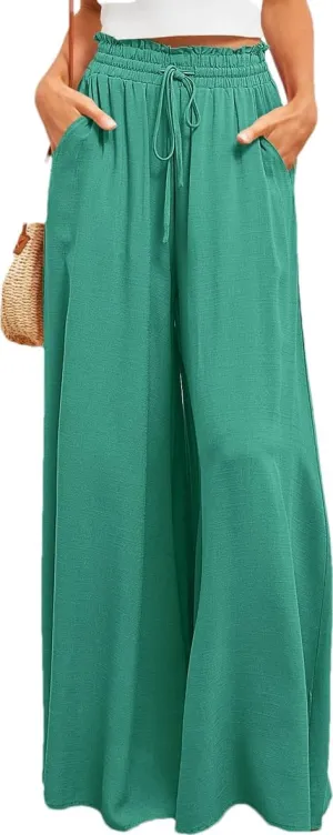 LOUSEA Women's Linen Wide Leg Pants high Elastic Waist Flowy Pants Plus Size Loose Long Pants with Pockets Palazzo Trousers