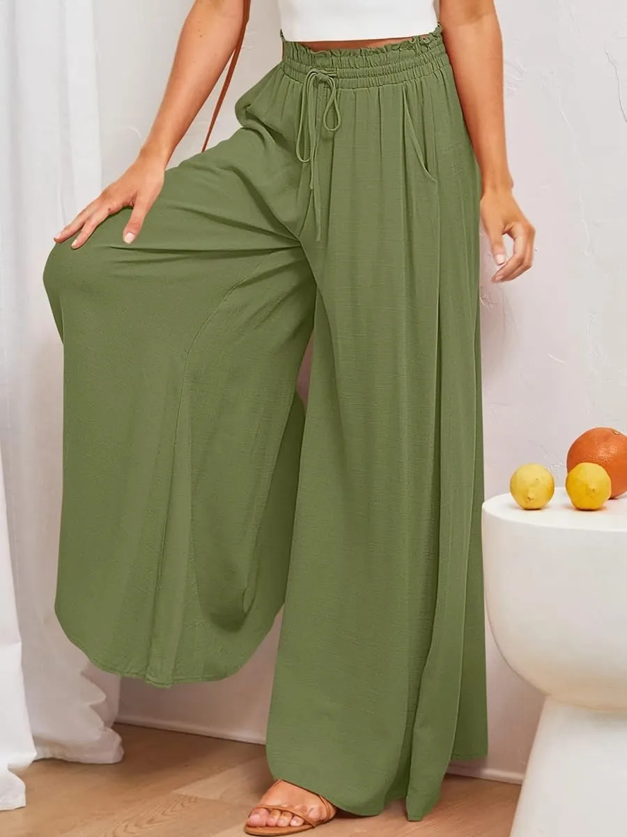 LOUSEA Women's Linen Wide Leg Pants high Elastic Waist Flowy Pants Plus Size Loose Long Pants with Pockets Palazzo Trousers