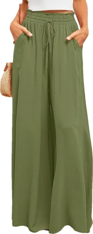 LOUSEA Women's Linen Wide Leg Pants high Elastic Waist Flowy Pants Plus Size Loose Long Pants with Pockets Palazzo Trousers