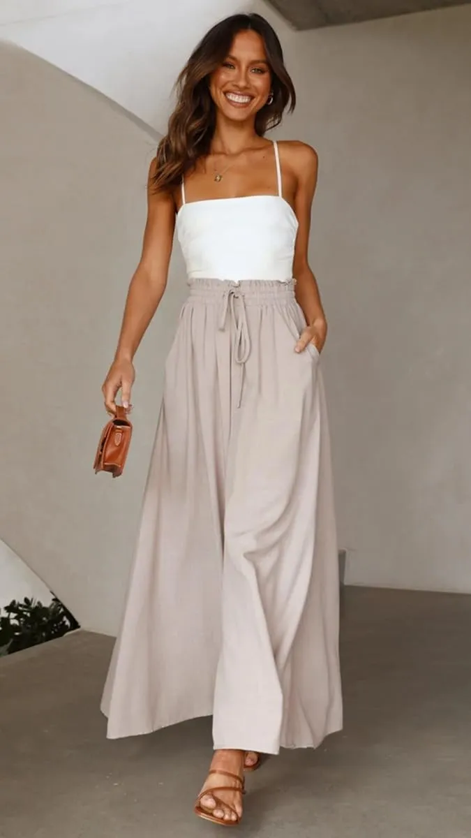 LOUSEA Women's Linen Wide Leg Pants high Elastic Waist Flowy Pants Plus Size Loose Long Pants with Pockets Palazzo Trousers