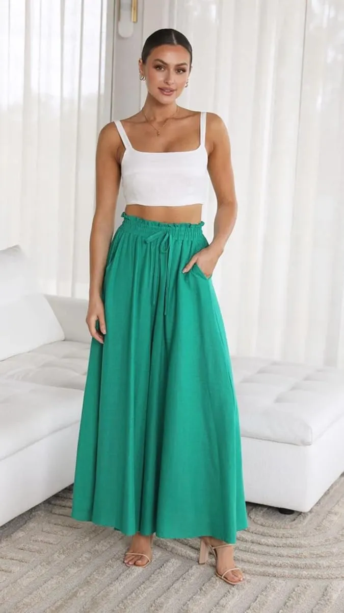 LOUSEA Women's Linen Wide Leg Pants high Elastic Waist Flowy Pants Plus Size Loose Long Pants with Pockets Palazzo Trousers