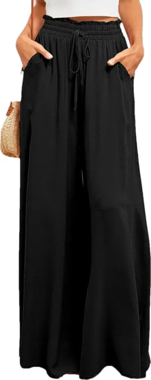 LOUSEA Women's Linen Wide Leg Pants high Elastic Waist Flowy Pants Plus Size Loose Long Pants with Pockets Palazzo Trousers