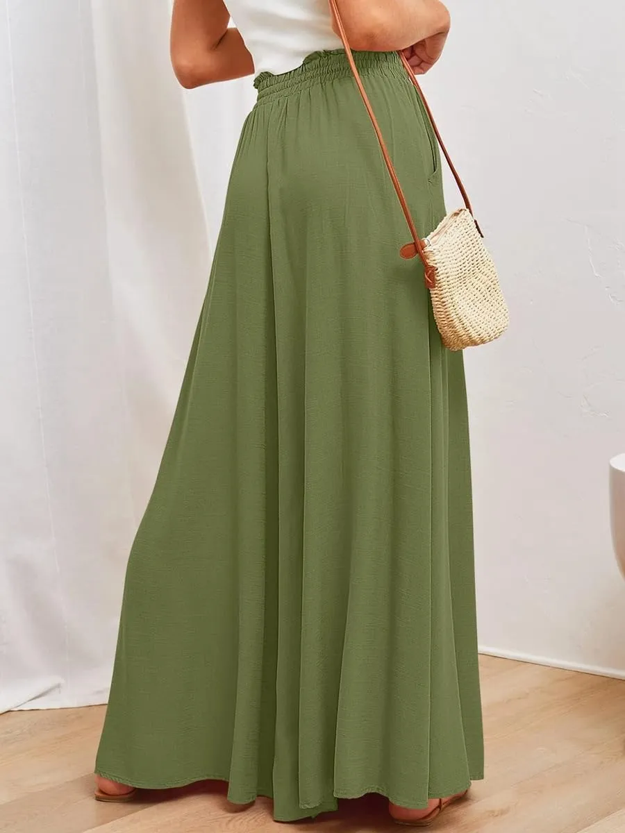 LOUSEA Women's Linen Wide Leg Pants high Elastic Waist Flowy Pants Plus Size Loose Long Pants with Pockets Palazzo Trousers